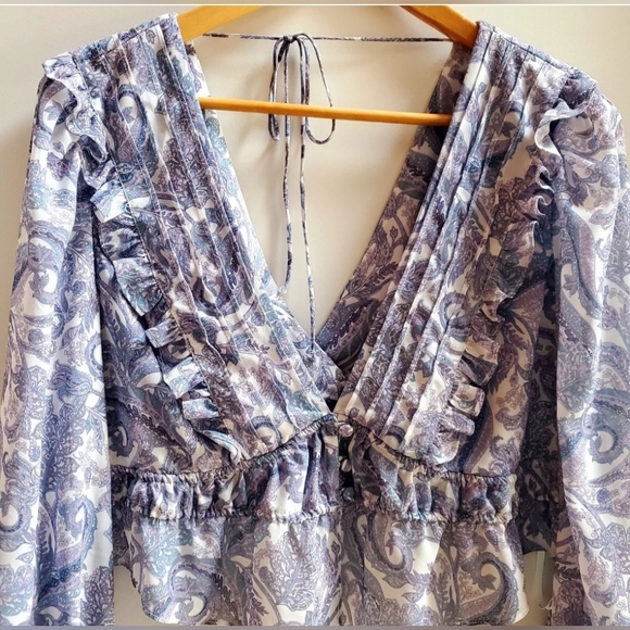 For Love & Lemons Blouse Crop Top Janelle Boho Ruffle V-Neck CT-1770 Blu/Wht/Prp - Picture 3 of 12